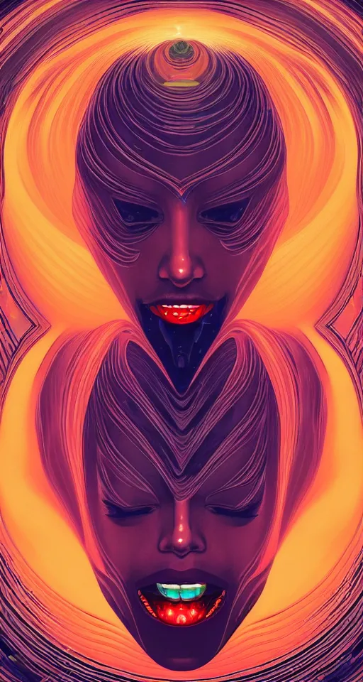 Image similar to art deco close up portait of stylish head with big mouth surrounded by spheres and flames, rain like a dream digital painting curvalinear clothing cinematic dramatic fluid lines otherworldly vaporwave interesting details epic composition by artgerm anton pieck