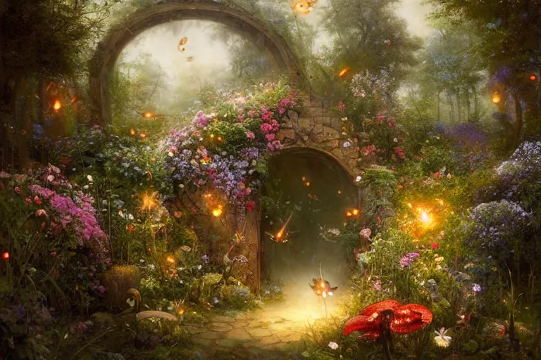 Image similar to gateway to fairyland, fireflies, mushrooms, multicoloured flowers, the secret garden. the hidden garden. private garden. andreas achenbach, artgerm, mikko lagerstedt, zack snyder, tokujin yoshioka