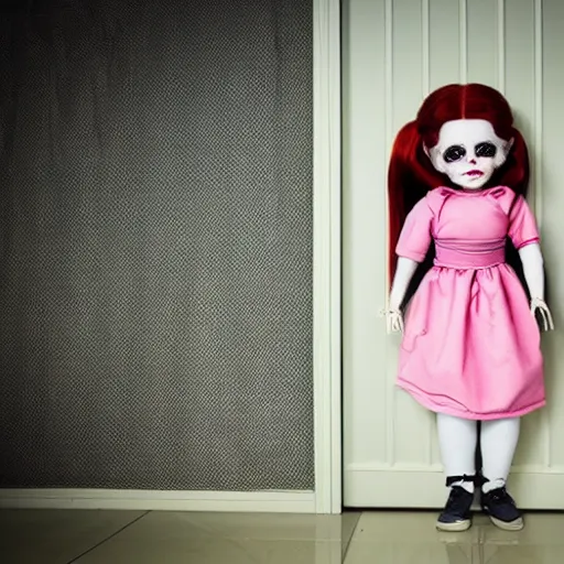 Image similar to evil creepy female killer doll standing in the room