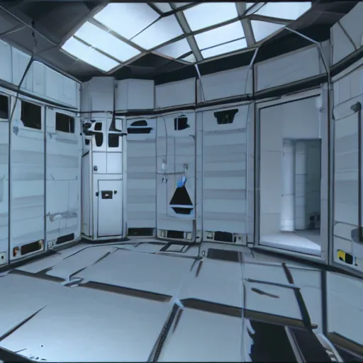 Image similar to a screenshot from a test chamber from the video game, portal, source engine