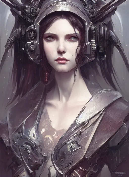 Image similar to portrait of beautiful pale gothic maiden, warhammer 40000, cyberpunk, intricate, elegant, highly detailed, digital painting, artstation, concept art, smooth, sharp focus, illustration, art by artgerm and greg rutkowski and alphonse mucha