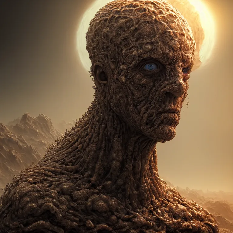 Prompt: portrait of beautiful ribbed melting man in wastelands on white exoplanet, baroque portrait painting, beautiful intricate insanely detailed octane render, artstation, 8 k artistic harsh flash photography, photorealistic, volumetric perfect light, chiaroscuro, raphael, caravaggio, beksinski, rutkowski, giger