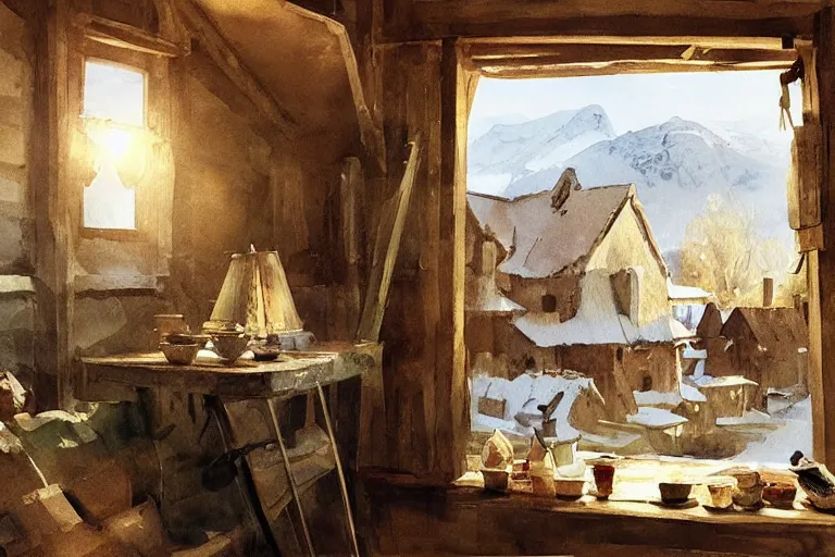 Prompt: paint brush strokes, abstract watercolor painting of rustic village house, interior at winter, medieval straw roof, scandinavian viking age, ambient lantern lighting, art by hans dahl, by jesper ejsing, art by anders zorn, wonderful masterpiece by greg rutkowski, cinematic light, american romanticism by greg manchess, creation by tyler edlin