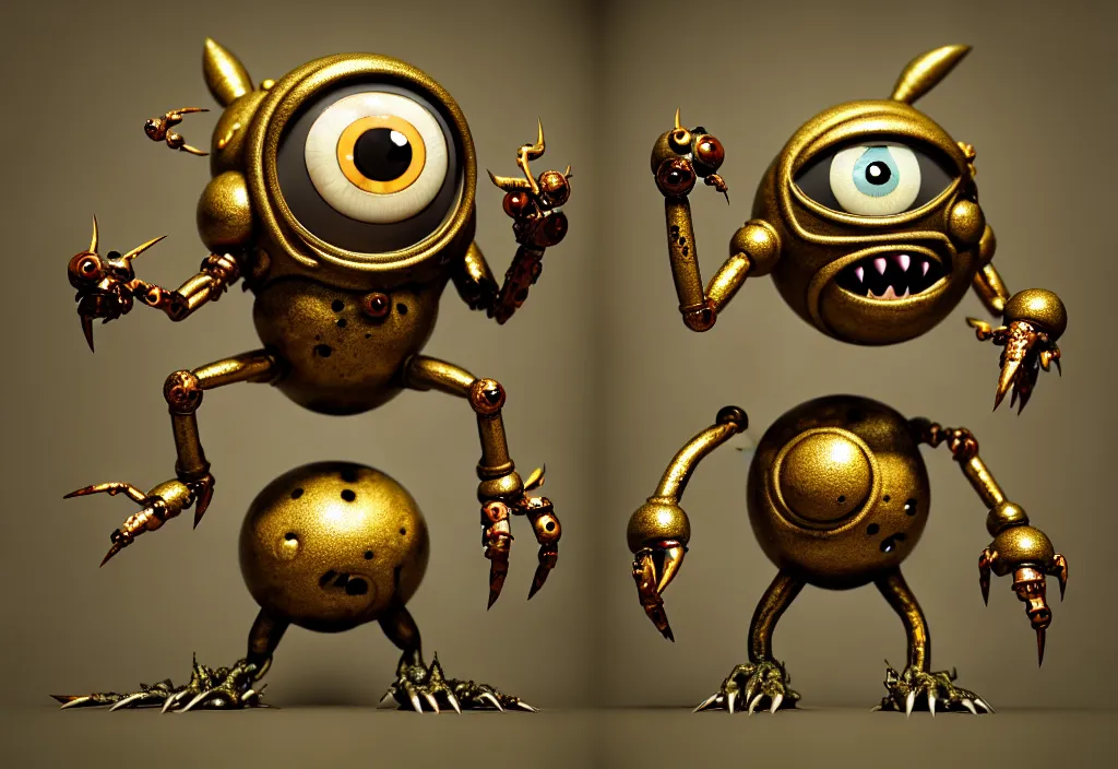 Image similar to , grotesque despair cute monster smooth paneling, one large gold eye intricate detail, style of pokemon, with damaged rusty arms, broken antenna, recycled, floating, white studio, oil, mechanical, toy, ambient light, in the style of pixar animation, pokedstudios, blender, octane render, 8 k, gediminas pranckevicius