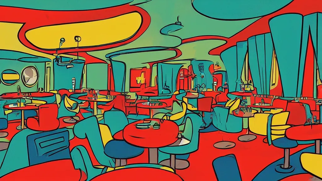 Prompt: an illustration of a bar/lounge, mid century modern cartoon style, extremely detailed, orange red green and blue colour palette,the art of the incredibles, by teddy newton