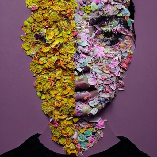 Prompt: a portrait of a woman constructed from flower petals, layered composition, layers, texture, mcu, newspaper, highly textured, layered, sculpted, dynamic,