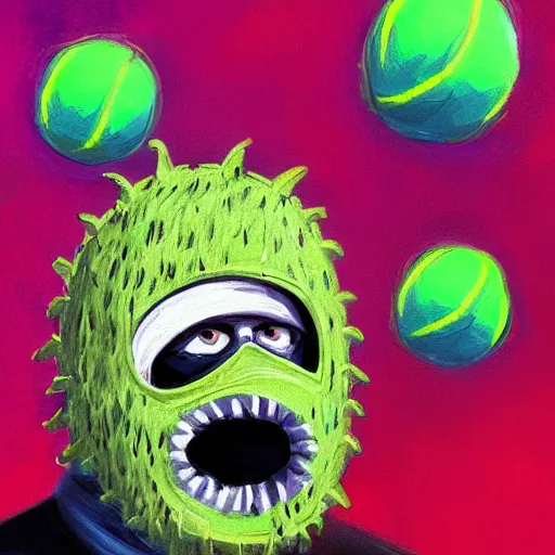 Image similar to a tennis ball monster wearing a balaclava, ski mask, angel wings, digital art, fantasy, magic, trending on artstation, ultra detailed, professional illustration by Basil Gogos