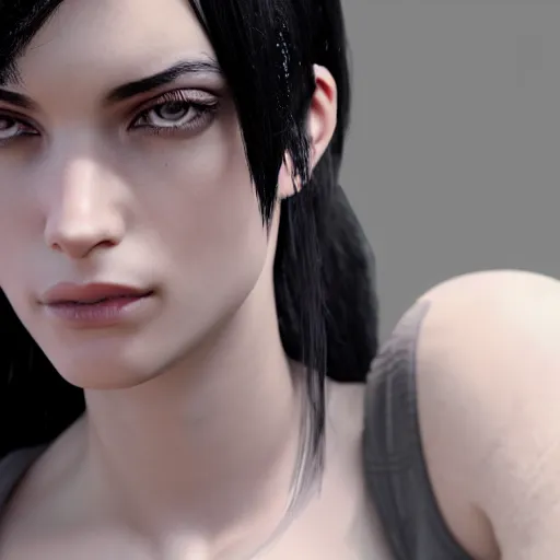 Image similar to a close up of a person with black hair, a character portrait by Eve Ryder, cgsociety, photorealism, unreal engine 5, unreal engine, prerendered graphics