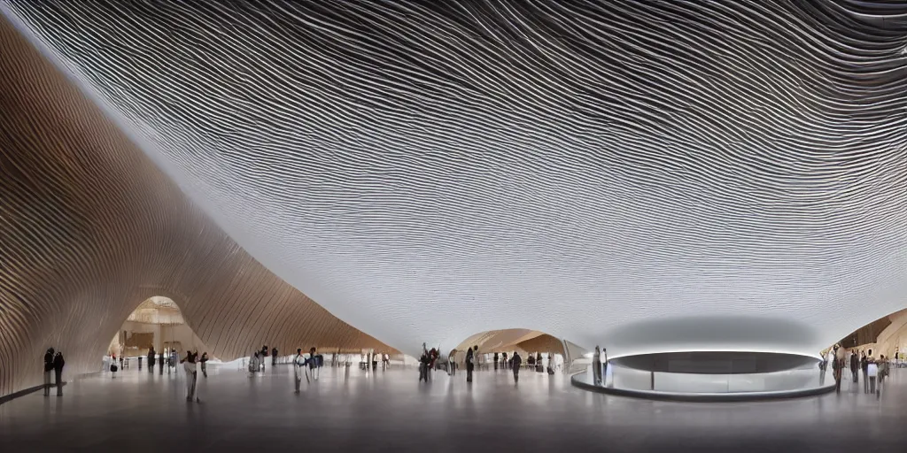 Prompt: extremely detailed awe ornate stunning beautiful futuristic smooth curvilinear elegant retail apple store interior by zaha hadid, stunning volumetric light, stainless steel, concrete, translucent material, beautiful sunset, hyper real, 8 k, colorful, 3 d cinematic volumetric light, atmospheric light