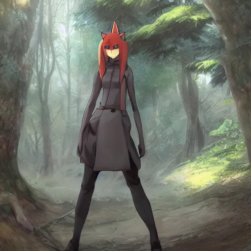 Image similar to concept art painting of an anthropomorphic anime gray fox wearing a tunic, in the deep forest, realistic, detailed, cel shaded, in the style of makoto shinkai and greg rutkowski and james gurney