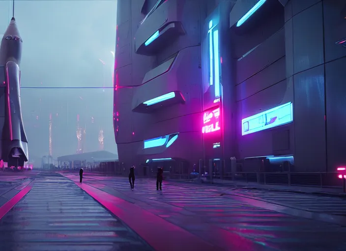 Prompt: a futuristic colony, blade runner 2 0 4 9 city architecture, spacex starship rocket launch site, environmental lighting, stromy weather, ray tracing, people walking on street, amazing view, highly detailed, heavy traffic, neon shops, octane render, unreal engine 5, 4 k