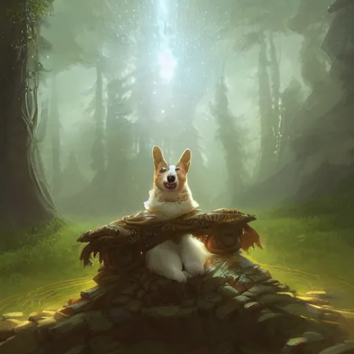 Prompt: corgi mage wearing a beautiful and intricate robe, beautiful scenic forest background, swirling mist, glowing magic spell effects, d & d character art, highly detailed digital illustration, greg rutkowski, trending on artstation