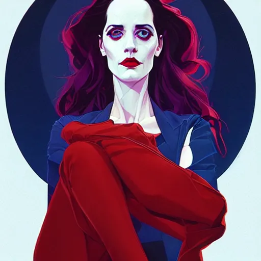 Image similar to Joshua Middleton comic art, wide shot, stunning elegant female Eva Green, Indigo Magician, beautiful evil sneer, symmetrical face, symmetrical eyes, leather clothing and boots, long straight red hair, full body, Indigo occult pattern