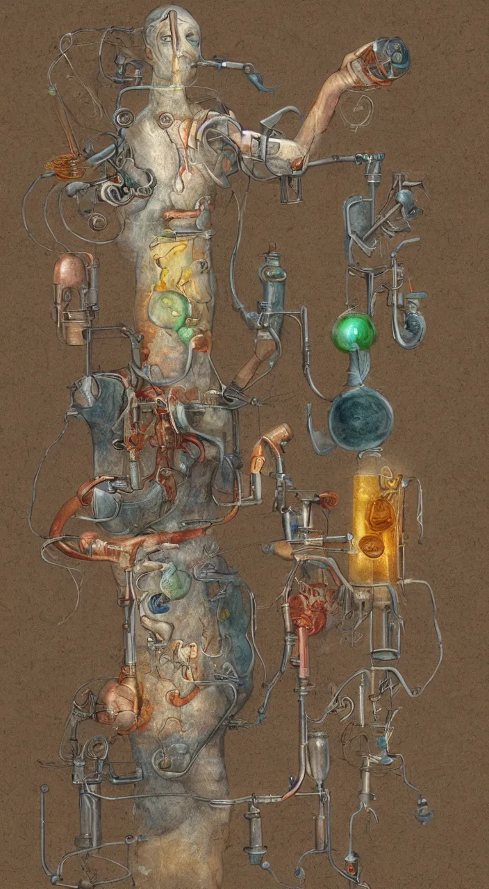 Prompt: an alchemical laborator made from ceramic alembics distilling voices, vapour, air flow, clay, no humans, alchemical drawing, steam, larynx, oesophagus texture, 8 k, unreal, high resolution, vivid colours,