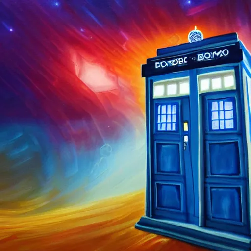 Image similar to view of modern futuristic tardis, time travel, detailed luminescent oil painting 4 k