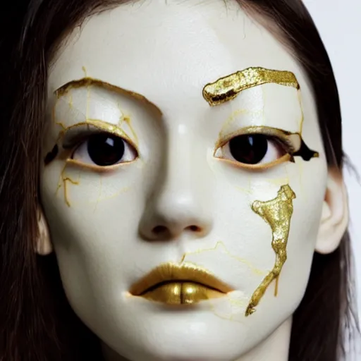 Prompt: fashion model face with cracked porcelain skin lines filled with gold in the kintsugi style, highly detailed