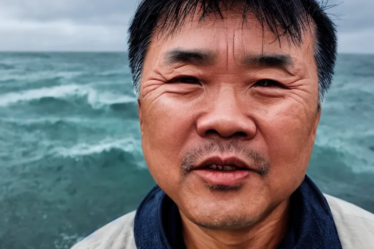 Prompt: a cinematic headshot portrait of a middle aged asian man, ocean background, waves, rain, dramatic lighting, back light, hair light, rim light, 4 k, ultra realistic