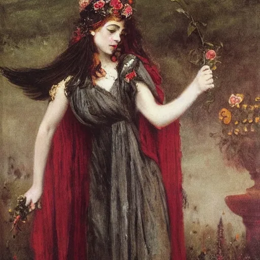 Image similar to persephone as goddess of death, flower dress, by alfred stevens