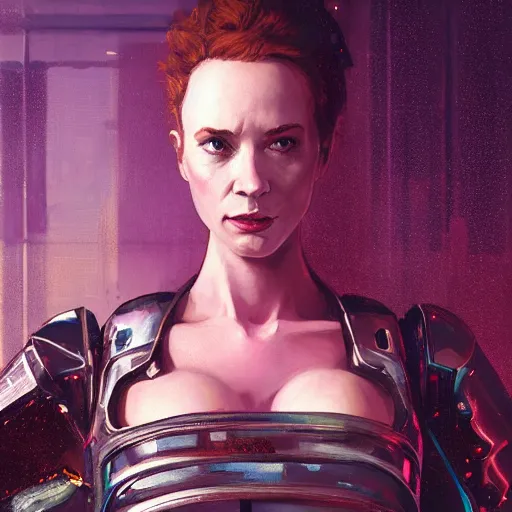 Image similar to highly detailed upper body portrait christina hendricks wearing shiny plastic armor cyberpunk in gta v, stephen bliss, unreal engine, fantasy art by greg rutkowski, loish, rhads, ferdinand knab, makoto shinkai and lois van baarle, ilya kuvshinov, rossdraws, tom bagshaw, global illumination, radiant light, detailed and intricate environment