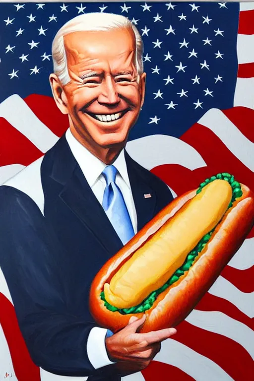 Prompt: oil painting, portrait of president biden, smiling, holding a giant hot - dog, us flag, futurist style