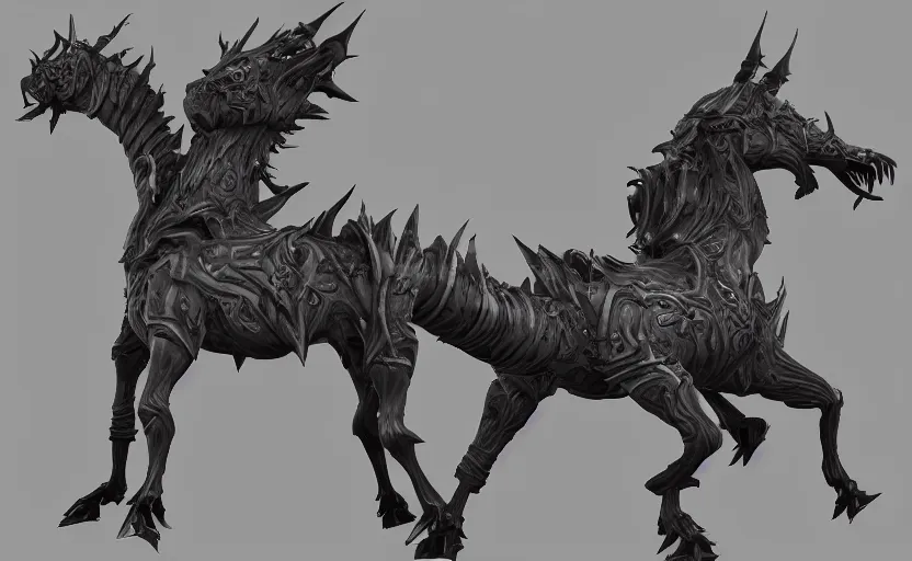 Image similar to a 3d render of a dark fantasy side view of a dark evil undead carousel horse, tim burton, world of warcraft, league of legends