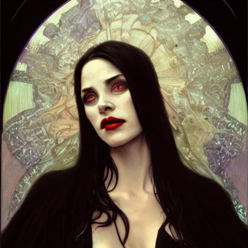 Image similar to portrait of a lady vampire, 35mm, depth of field, DOF, ominous, sharp, highly detailed, photorealistic, realistic, unreal 5, high definition, 8k, artstation, donato giancola, irwin penn, Alphonse Mucha