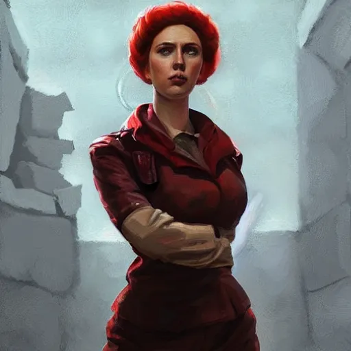 Image similar to portrait of a bolshevik nadezhda konstantinovna krupskaya as scarlett johansson in team fortress 2 style, epic, tragic, military art, fantasy, hd shot, digital portrait, beautiful, artstation, comic style, by artgerm, guy denning, jakub rozalski, magali villeneuve and charlie bowater