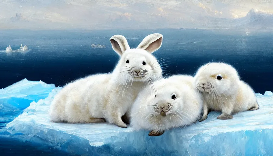 Image similar to highly detailed painting of cute furry white baby seal rabbits cuddling into each other on a blue and white iceberg by william turner, by greg rutkowski, by william constable, thick brush strokes and visible paint layers, 4 k resolution