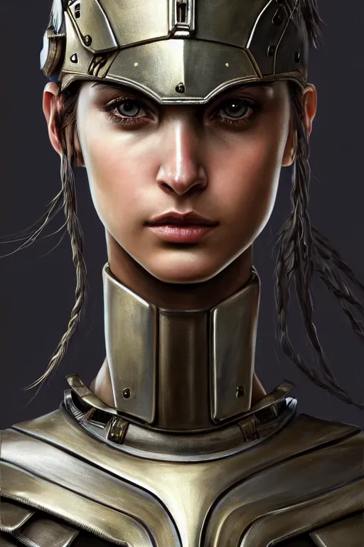 Image similar to a photorealistic painting of an attractive young girl, partially clothed in thick metal-plated battle armor, dirty olive skin, long dark hair, beautiful bone structure, symmetric facial features, perfect eyes, intricate, elegant, digital painting, concept art, finely detailed, illustration, sharp focus, minimal artifacts, from Metal Gear, by Greg Rutkowski, in the style of Ruan Jia and Mandy Jurgens and Artgerm and William-Adolphe Bouguerea, trending on Artstation, award winning