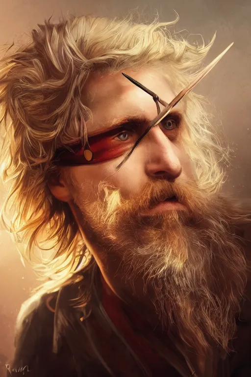 Image similar to blonde wild hair beard man, pirate eye - patch, playing guitare, close - up portrait, powerfull, intricate, elegant, volumetric lighting, scenery, digital painting, highly detailed, artstation, sharp focus, illustration, concept art, ruan jia, steve mccurry