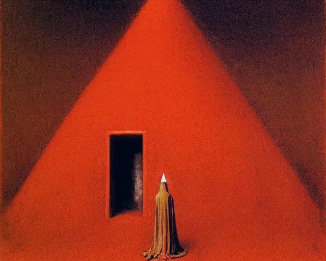 Image similar to devotion to the scarlet woman, priestess in a conical hat, coronation, ritual, sacrament, by francis bacon, beksinski, mystical redscale photography evocative.