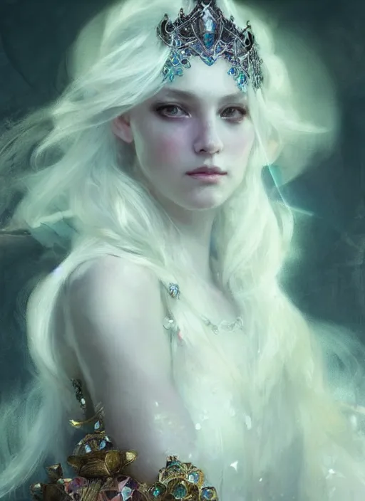 Image similar to a beatiful white haired princess, adorned with precious stone jewelry, intricate concept art, ethereal, ominous, dramatic lighting, Ruan Jia and Jeremy Mann and Alphonse Mucha