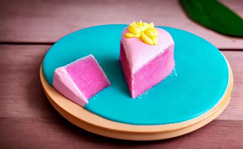 Prompt: A photo of a swedish princess cake from the side on a wooden table, covered with pink marzipan, some powder sugar and a blue marzipan leaf in the center. Sunset. 4K. Cinematic lighting. High detail. Realistic. Delicious.