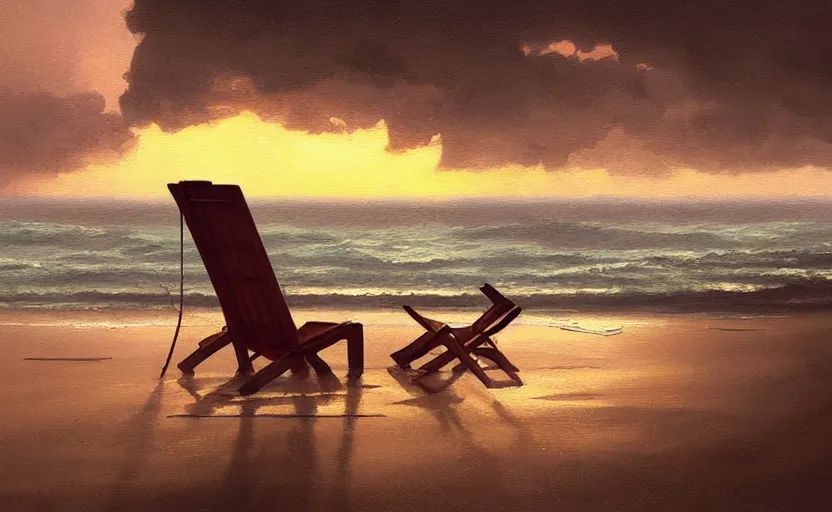 Prompt: painting of a beach chair at sunset with heavy thunderstorm in background, natural light, concept art, by greg rutkowski, cozy atmospheric and cinematic lighting