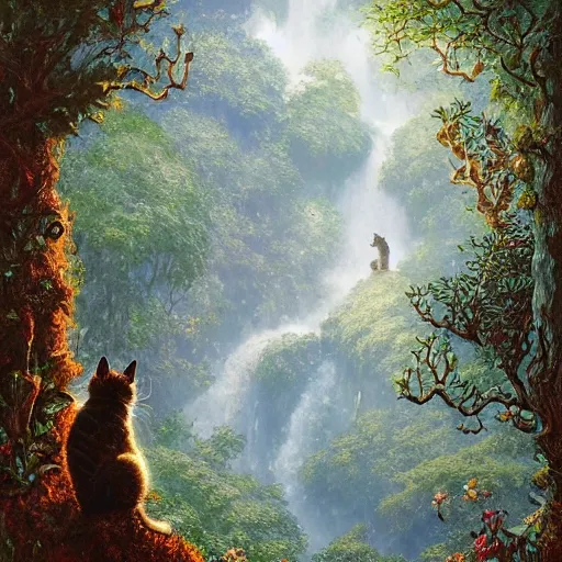 Image similar to painting of one kitten in the enchanted forest standing on the steps and watching the waterfall, fantasy, intricate, extremely detailed, matte, featured in artstation, art by louis wain, greg rutkowski