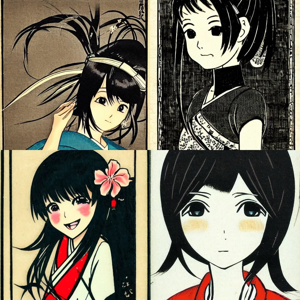 Prompt: a beautiful smiling anime girl with black hair and hime cut in the style of Japanese and European woodcuts