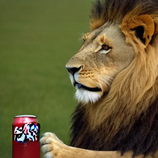 Prompt: a lion eating a can of coca cola