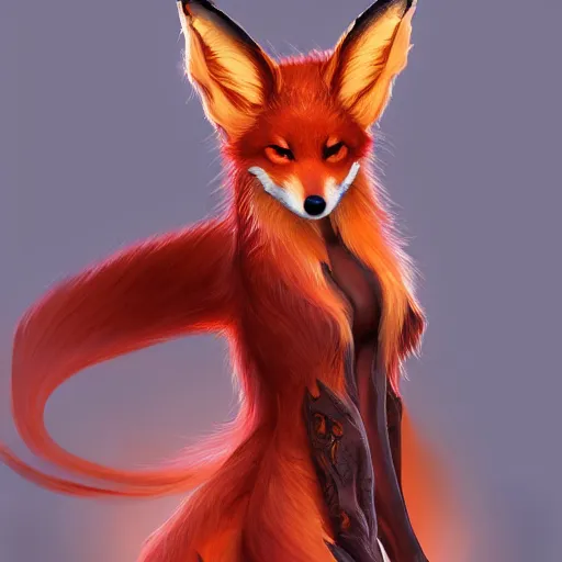 Image similar to A full-length portrait of a beautiful fire fox with nine tails，full of details, concept art, smooth, by Kittichai Rueangchaichan and wlop ，trending on cgsociety and artstation，8kHDR，light effect