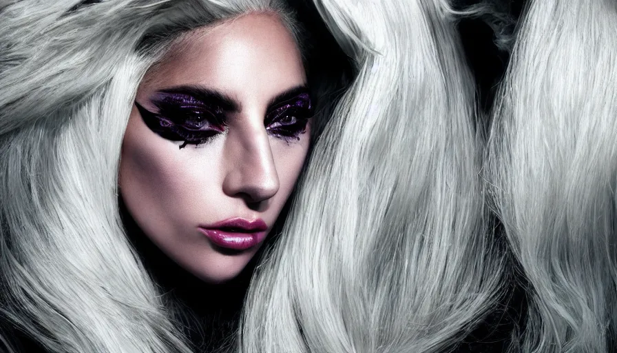 Prompt: lady gaga with long white hair , an album cover by Hedi Xandt, featured on vogue, steven klein, holography, smokey background, matte background, High resolution. Highly detailed. Dramatic. 8k.4k.