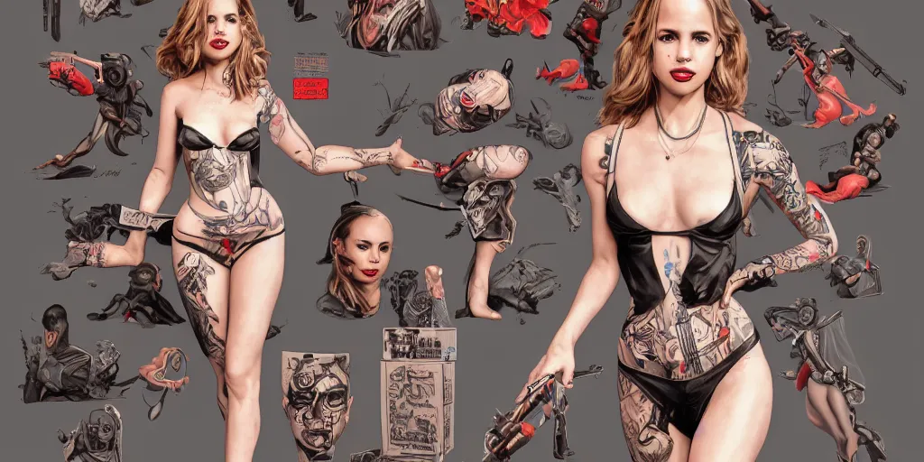 Image similar to halston sage as a tattooed pinup, character sheet, concept design, contrast, hot toys, kim jung gi, greg rutkowski, zabrocki, karlkka, jayison devadas, trending on artstation, 8 k, ultra wide angle, pincushion lens effect