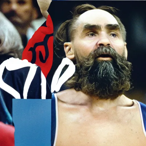 Prompt: nba television footage depicting charles manson coaching the golden state warriors
