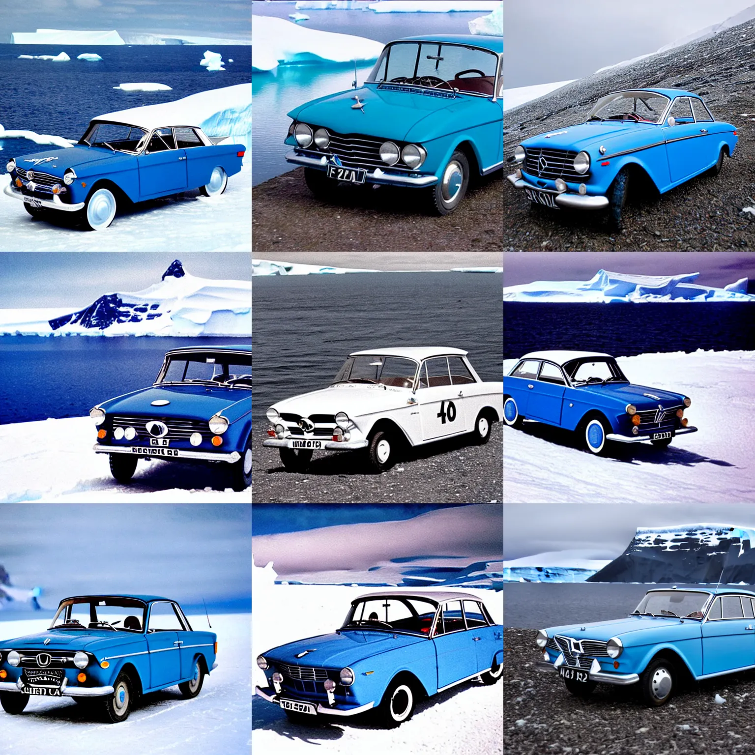 Prompt: Heaven-blue NSU Prinz 4 1962 model driving in Antarctica