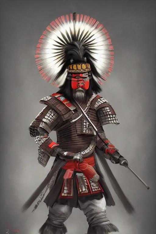 Image similar to native japanese samurai, focused stare, partially masked, highly detailed, photorealistic render, digital painting, trending on artstation, character design, overcast weather