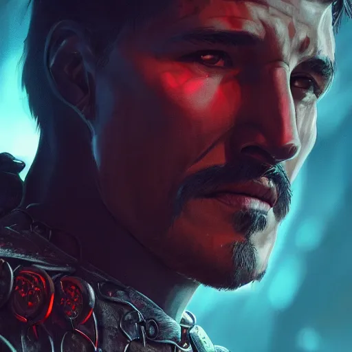 Prompt: pedro pascal portrait, dystopia core, apocalyptic, armor, warrior, dramatic, sharp focus, fiction, neon, fantasy, hyper detailed, digital art, trending in artstation, cinematic lighting, studio quality, smooth render, unreal engine 5 rendered, octane rendered, art style and nixeu and wlop and krenz cushart