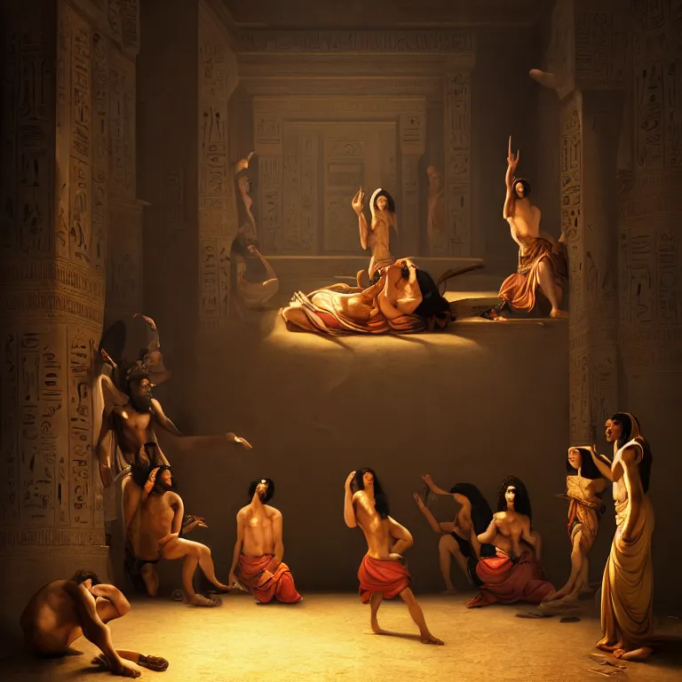 Image similar to a Hip Hop party in ancient egyptian, dreamlike atmosphere, symmetrical baroque painting, perfect composition, beautiful detailed intricate high detailed octane trending on Artstation, 8K fine art photography, photorealistic, soft natural volumetric cinematic perfect light , chiaroscuro, award- winning photography, masterpiece, Raphael, Caravaggio, Greg Rutkowski, Beeple