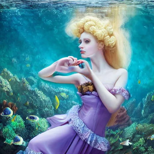 Prompt: underwater , a stunning beautiful rococo-era girl with blonde long hair and pale skin, abundant detail, fish , long dress character photography art