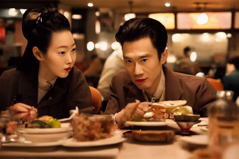 Image similar to movie interior closeup beautiful Japanese models couple closeup sitting and at 50s diner, night in the city, beautiful skin, by Emmanuel Lubezki