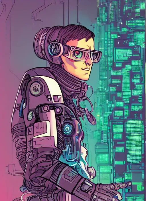 Image similar to cyberpunk hacker with robot feet. portrait by josan gonzales