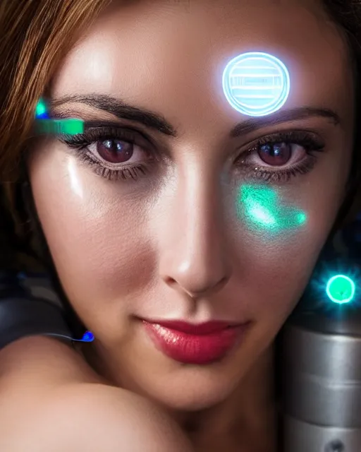 Image similar to centered portrait of flirtatious young sabrina salerno as a solarpunk mecha humanoid robotic parts and camera lens covers left eye with bright led lights, real human face, pudica pose bouguereau style, white room, ultra - realistic and intricate, soft portrait shot 8 k