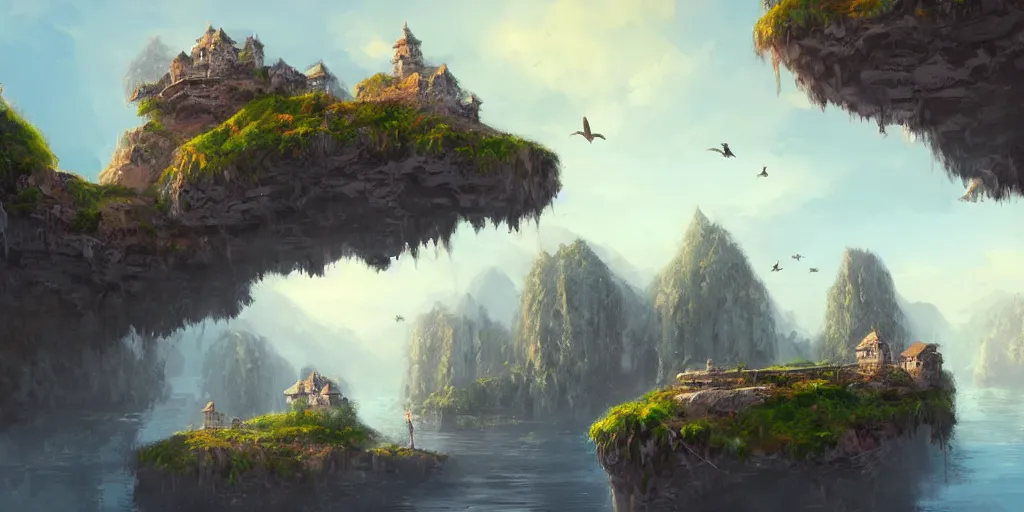 Image similar to peaceful village built on floating rocks in the sky, rope bridges, birds in background, high fantasy, detailed, digital painting, realistic, landscape by jonathan berube